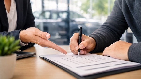 A man signing an auto loan contract inside a dealership guided by a dealership employee.