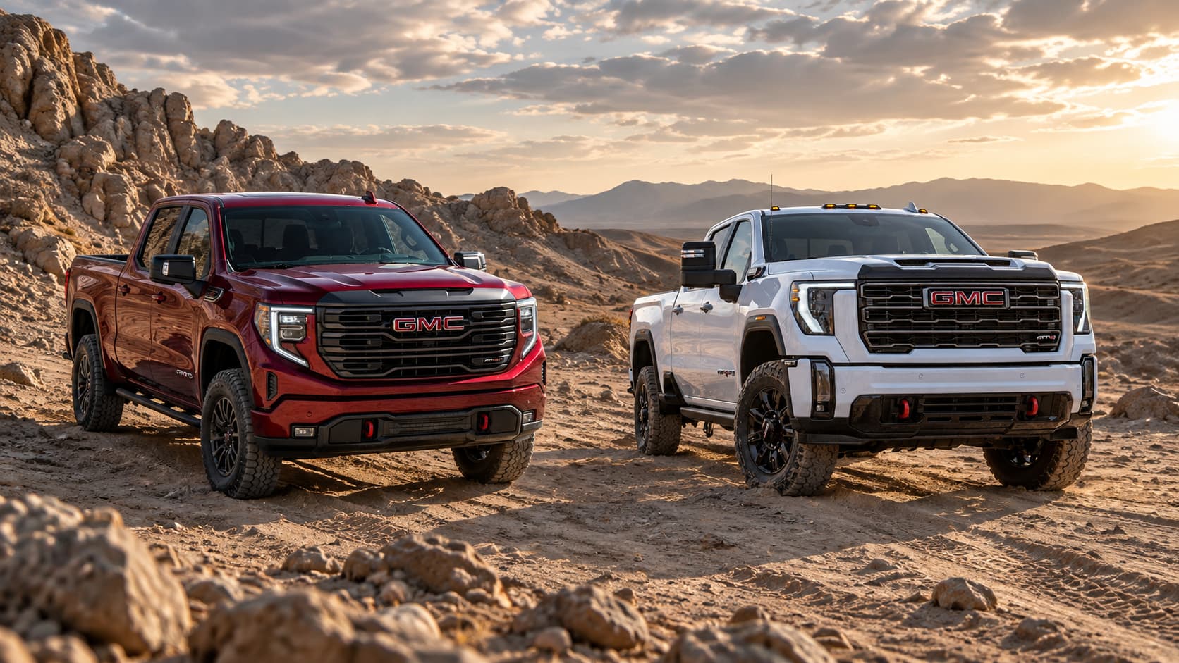 A red 2026 GMC Sierra 1500 parked next to a white 2026 GMC Sierra 2500 HD off-road in the mountains. 