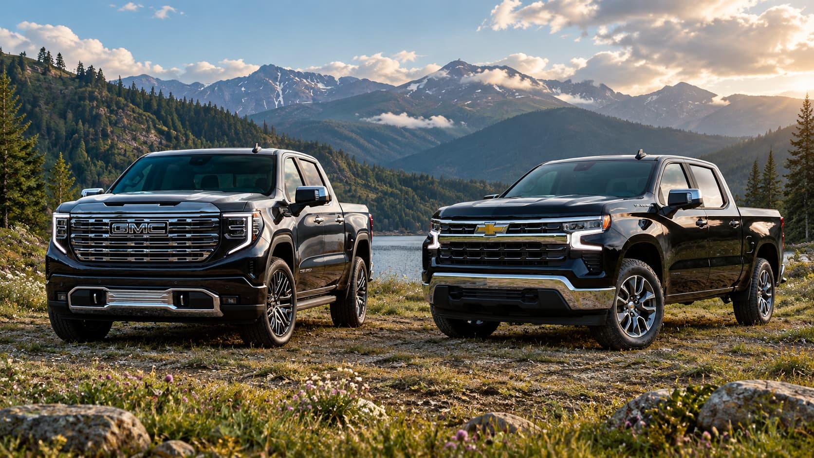 Two black trucks parked at a lake in the mountains, 2026 GMC Sierra 1500 (left) 2026 Chevrolet Silverado 1500 (right).